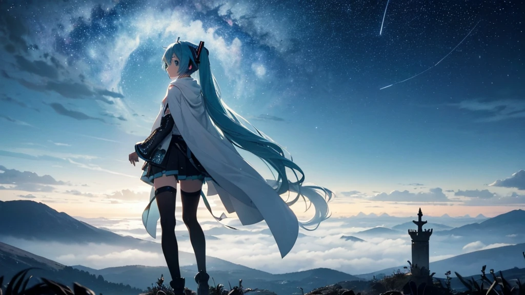 Set against the backdrop of an adventurous fantasy world、This is an image of Hatsune Miku.。She wears a mysterious cloak。The surroundings are shrouded in fog、In the distance you can see the silhouette of an ancient castle。The sky is a starry night、The moon casts a magical light over the forest.。