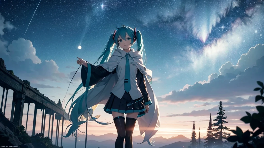 Set against the backdrop of an adventurous fantasy world、This is an image of Hatsune Miku.。She wears a mysterious cloak。The surroundings are shrouded in fog、In the distance you can see the silhouette of an ancient castle。The sky is a starry night、The moon casts a magical light over the forest.。