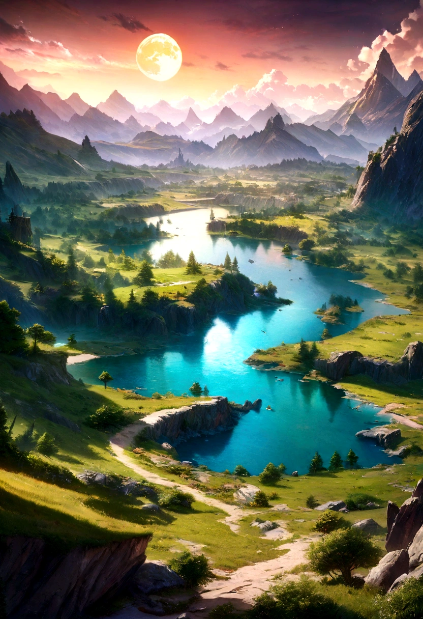 mountains and a lake with a moon in the sky, highly detailed digital art in 4k, Very detailed 4k hd wallpaper, stunning fantasy landscape, science fiction fantasy wallpaper, unreal engine wallpaper 4k, detailed digital art in 4k, science fiction fantasy wallpaper, epic dreamlike fantasy landscape, 4k hd matte digital painting, Stunning 8k art  