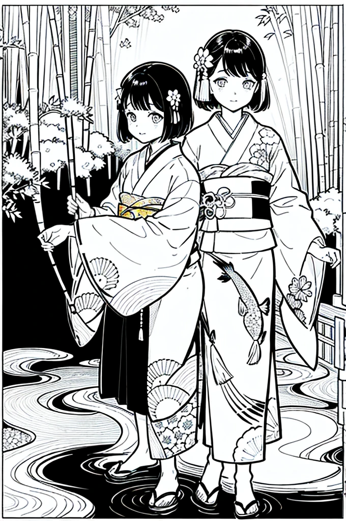As a coloring book, the color should be black and white, the border should be simple, clear, and bold. [Girl with short brown hair] wearing a [kimono with koi fish pattern] strolling through the [Arashiyama Bamboo Forest] in Kyoto, Japan, with [kanzashi hair ornaments]