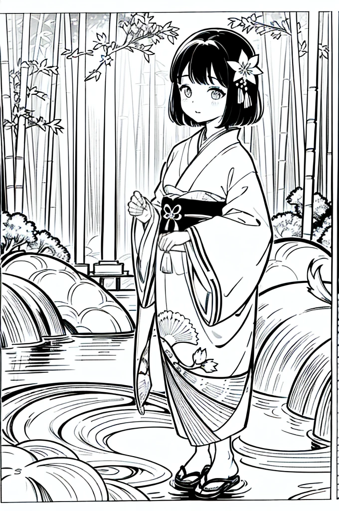 As a coloring book, the color should be black and white, the border should be simple, clear, and bold. [Girl with short brown hair] wearing a [kimono with koi fish pattern] strolling through the [Arashiyama Bamboo Forest] in Kyoto, Japan, with [kanzashi hair ornaments]