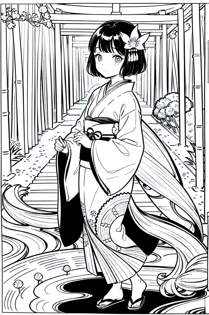 As a coloring book, the color should be black and white, the border should be simple, clear, and bold. [Girl with short brown hair] wearing a [kimono with koi fish pattern] strolling through the [Arashiyama Bamboo Forest] in Kyoto, Japan, with [kanzashi hair ornaments]
