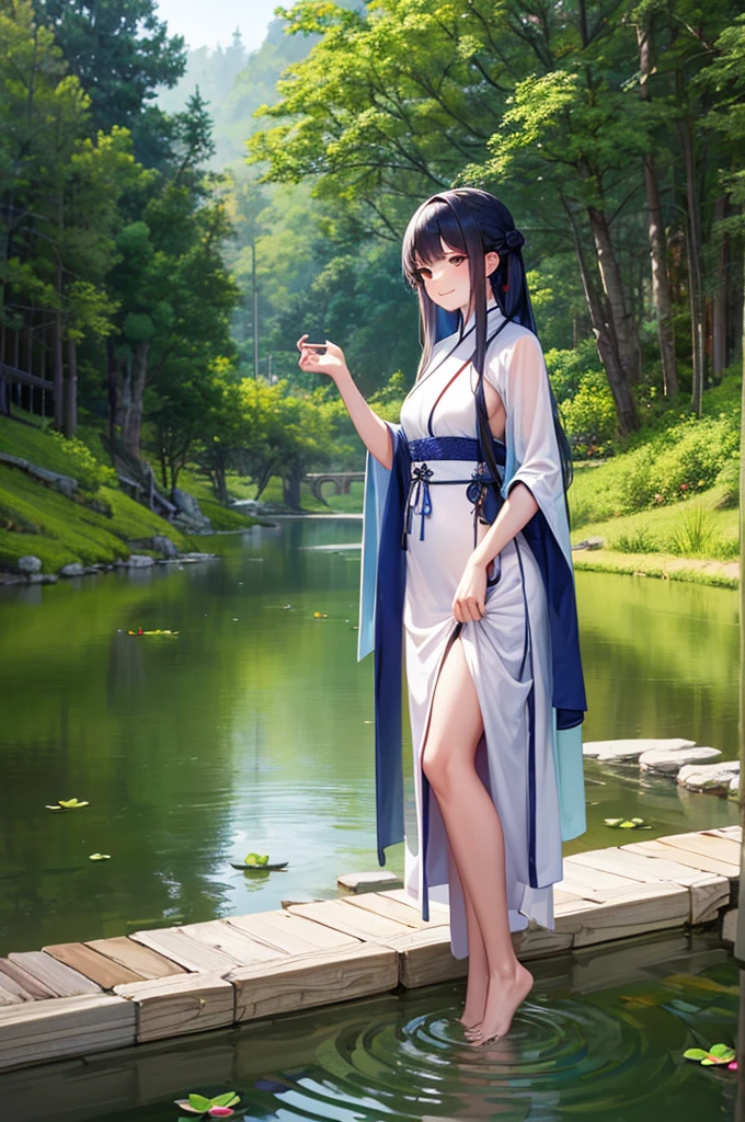 ((4K,masterpiece,Highest quality)), Shui Movissim, Chinese painting, Lotus, Hanfu, Maxi Kit, Dress Open, swf 1 girl, alone, Long Blue Hair, smile, Are standing, Soak your feet in water, barefoot,