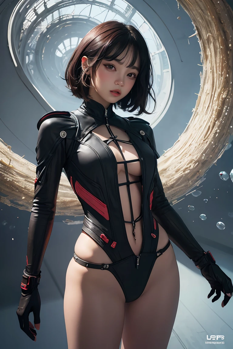 ((masterpiece, best quality)), ultra detailed 8k, photorealistic, sharp focus, highly detailed, professional lighting , shadowmancer, photo of a woman, ink particle, ((swirling black ink floating around)), futuristic fantasy, futuristic black dress, dynamic pose, realistic, masterpiece, intricate details, detailed background, depth of field,