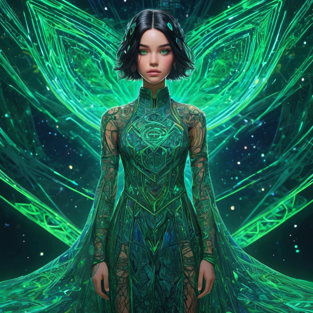 A wireframe hologram of structure with glowing Vibrant green lines ...