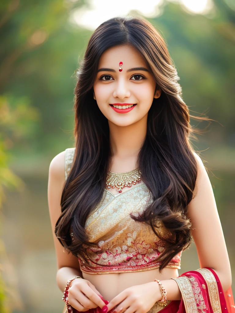 ultra high detailed, an indian girl, cute smile realistic face, happy, long hair, impressive hairstyle, detailed eyes, detailed lips, indian clothes,  lehenga candy red lace, wearing jewellery, nature background, flowers, afternoon, shadow, clear weather, whole body capture,noch slim image long