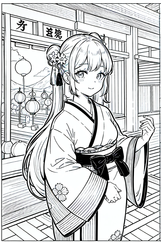 As a coloring book, the color should be black and white, the border should be simple, clear, and bold. [Girl with pigtails] wearing a [kimono with waves pattern] holding a [paper lantern] at the [Gion Matsuri festival] in Kyoto, Japan, with [sakura hair clips]