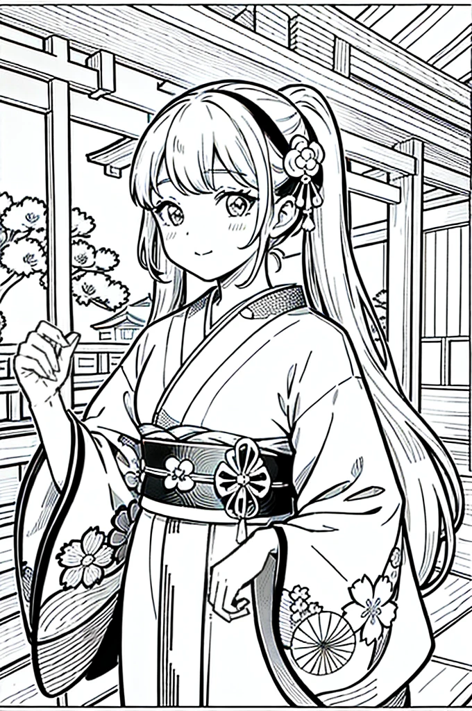 As a coloring book, the color should be black and white, the border should be simple, clear, and bold. [Girl with pigtails] wearing a [kimono with waves pattern] holding a [paper lantern] at the [Gion Matsuri festival] in Kyoto, Japan, with [sakura hair clips]