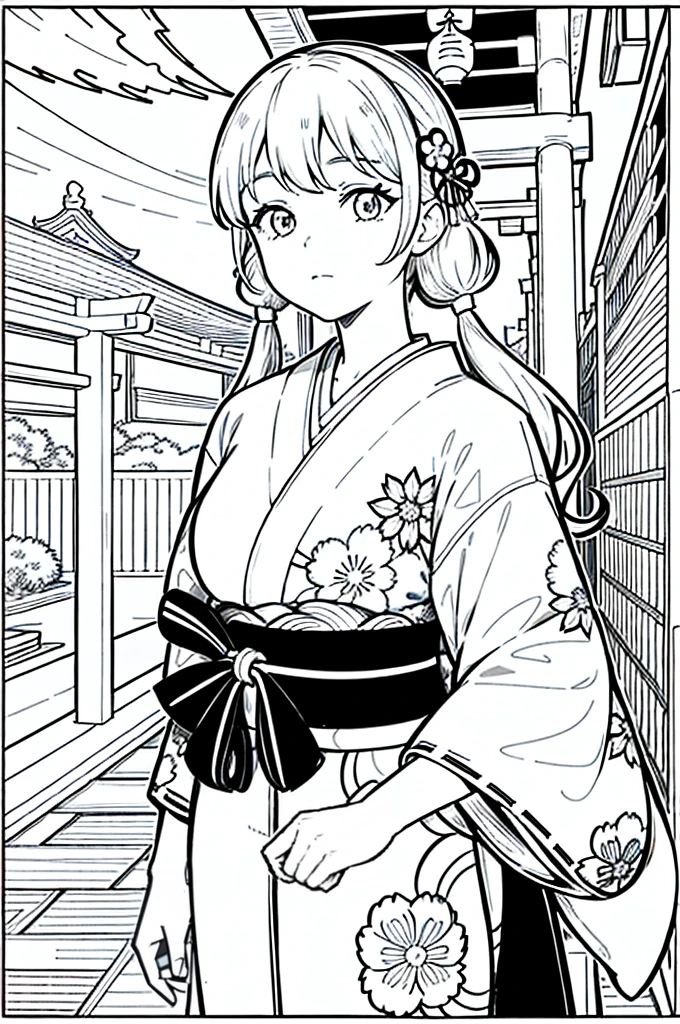 As a coloring book, the color should be black and white, the border should be simple, clear, and bold. [Girl with pigtails] wearing a [kimono with waves pattern] holding a [paper lantern] at the [Gion Matsuri festival] in Kyoto, Japan, with [sakura hair clips]