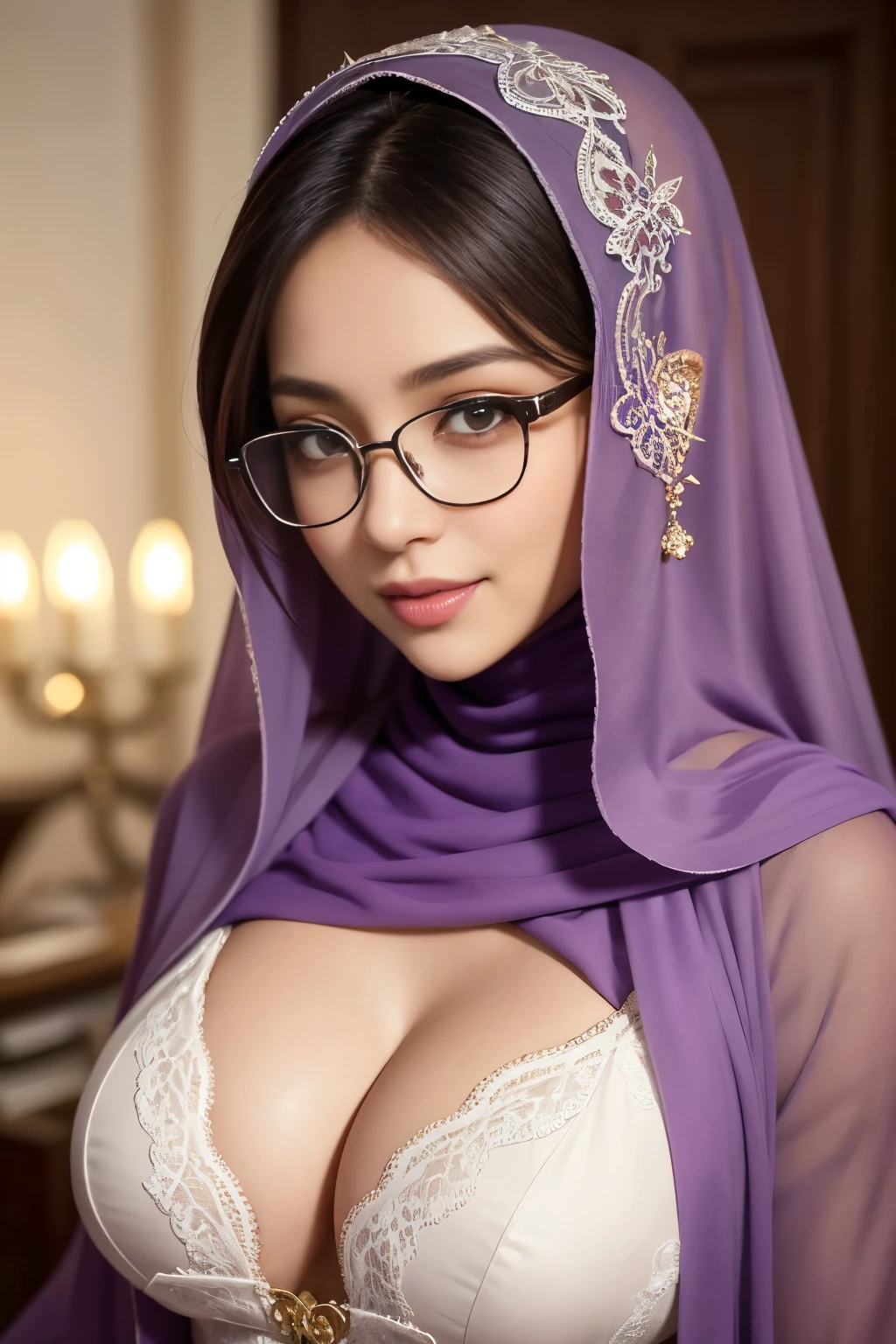 Sexy, purple, Glasses, bottomless, Flashy, grandeur, glamor, cleavage, hijabi, Absurd, ultra-detailed, high quality, masterpiece, detailed face, beautiful eyes(detailed eyes), javanese, gentle and graceful, face exudes warmth and kindness, eyes described as soft and comforting, gentle and steady gaze, overall appearance is simple and modest, The fabric of her garments is usually depicted as soft and earth-toned, beauty lies not in extravagant adornments, Her smile is serene and welcoming