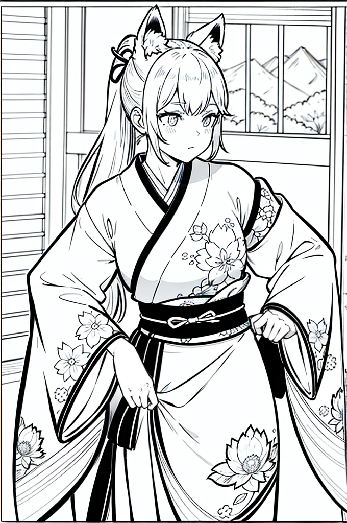As a coloring book, the color should be black and white, the border should be simple, clear, and bold. [Girl with a ponytail] wearing a [kimono with fox pattern] practicing [kendo] in a [dojo], with [hair ties decorated with fox charms]