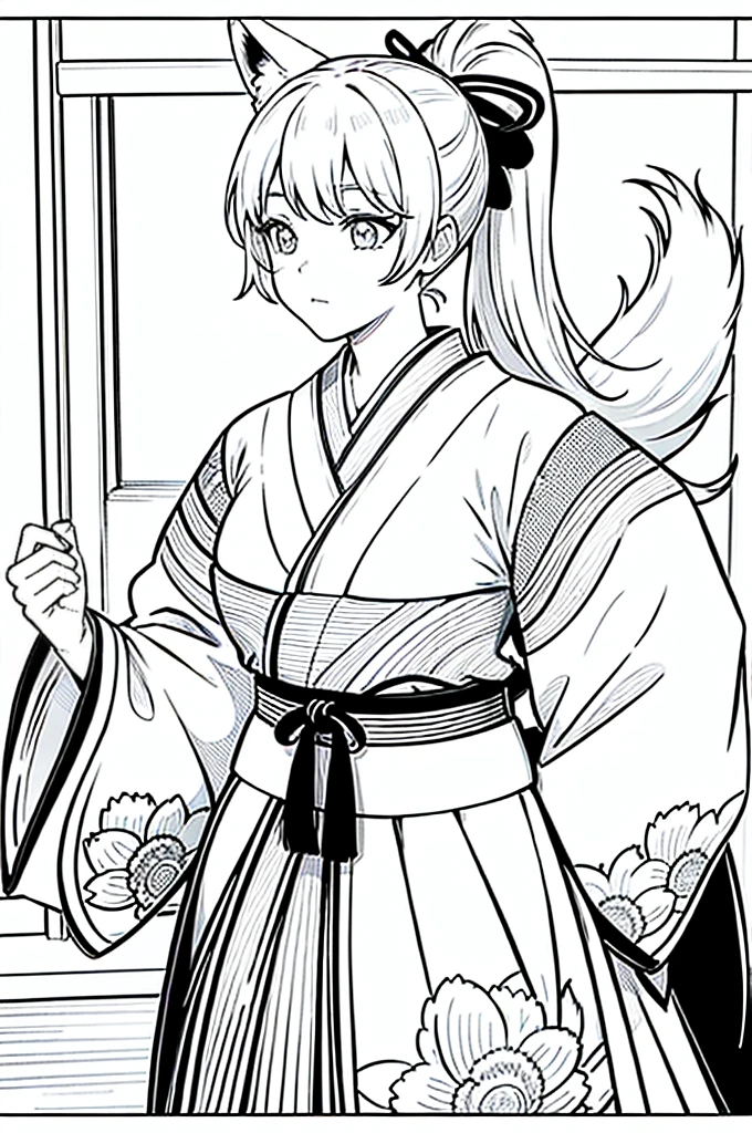 As a coloring book, the color should be black and white, the border should be simple, clear, and bold. [Girl with a ponytail] wearing a [kimono with fox pattern] practicing [kendo] in a [dojo], with [hair ties decorated with fox charms]