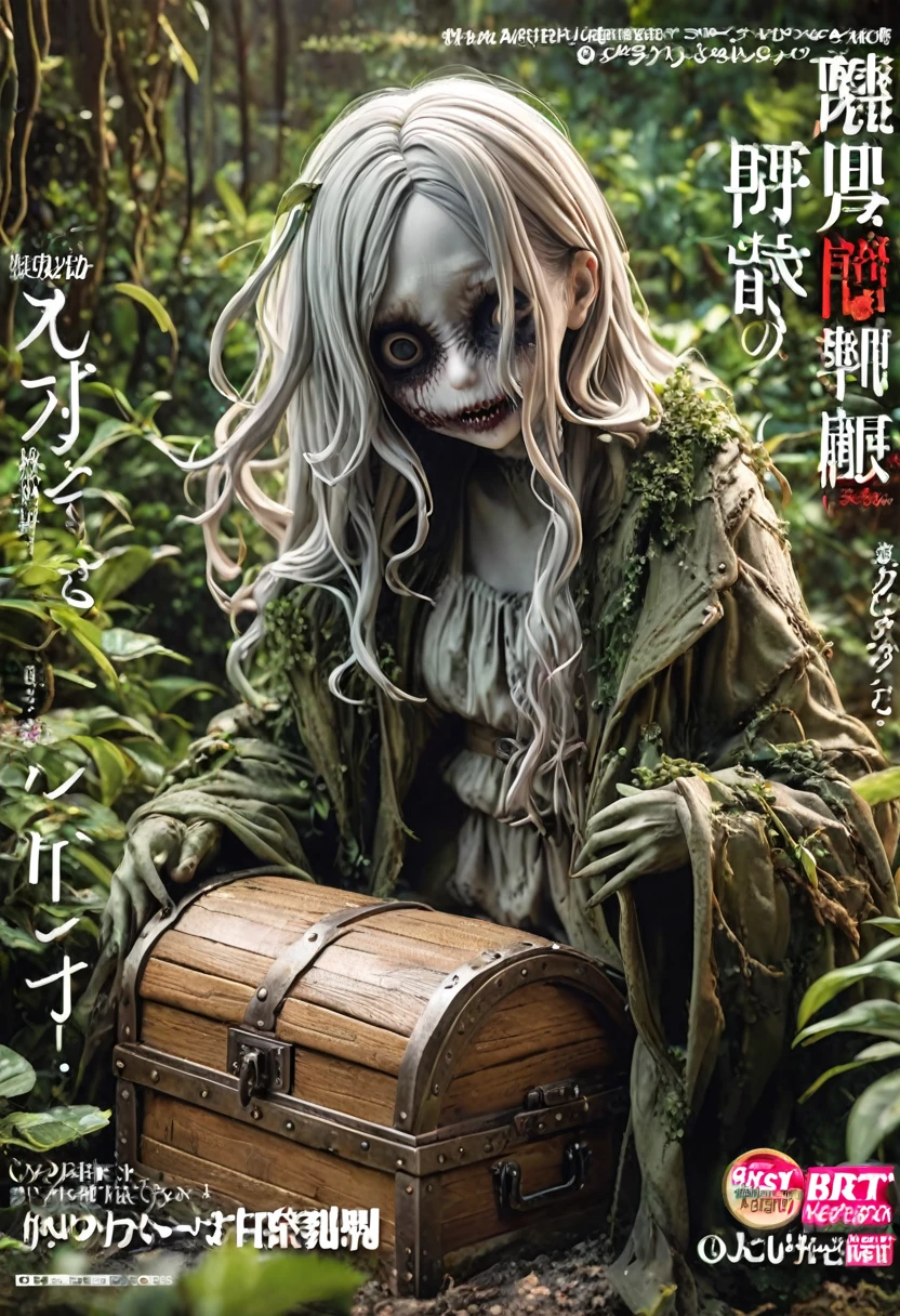 Magazine cover(masterpiece, best quality:1.2), There is a treasure chest in the bushes((Horror atmosphere))dark(HD)((best quality)), ((Surrealism))