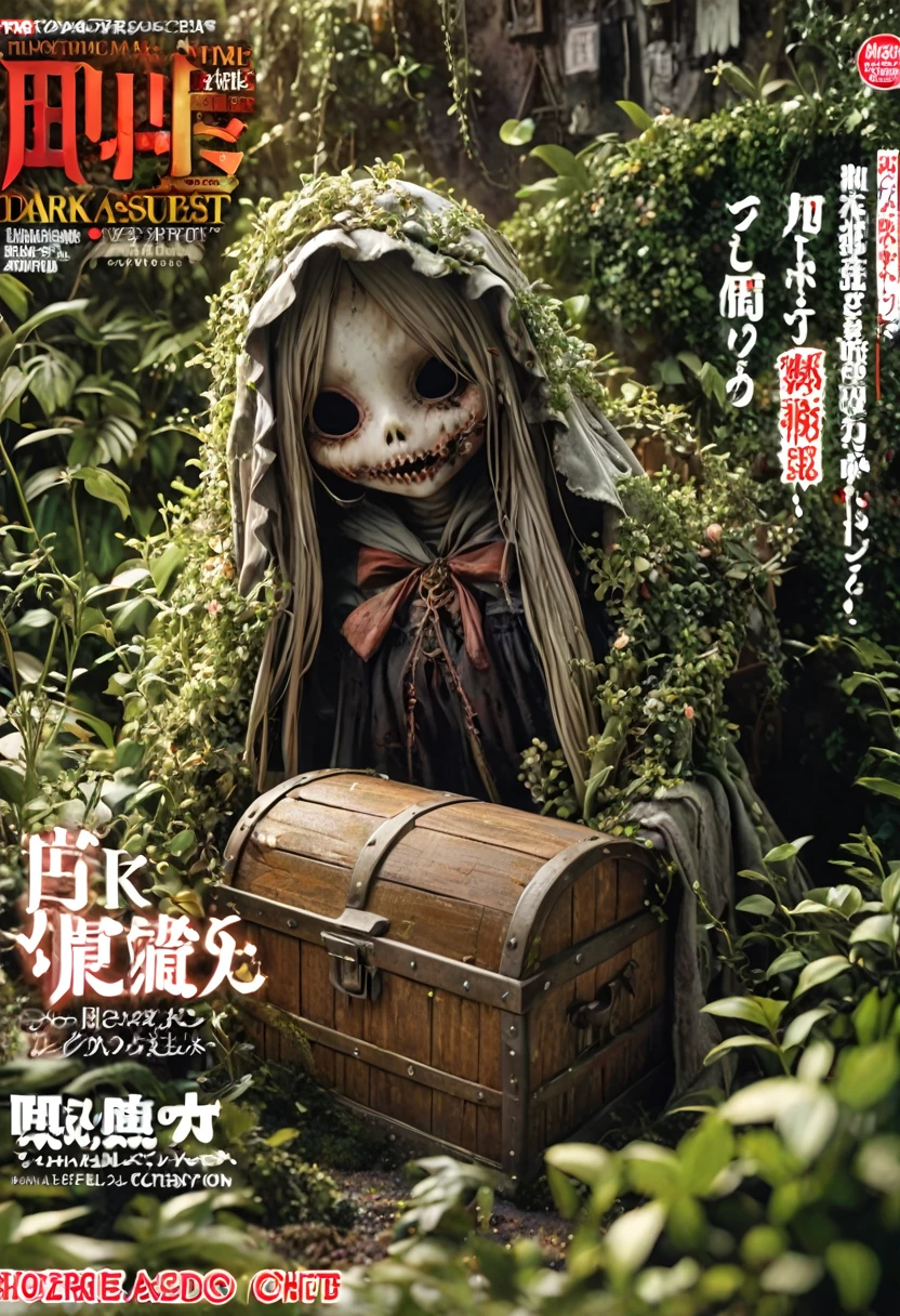 Magazine cover(masterpiece, best quality:1.2), There is a treasure chest in the bushes（（Horror atmosphere））（HD）（（best quality））， （（Surrealism））