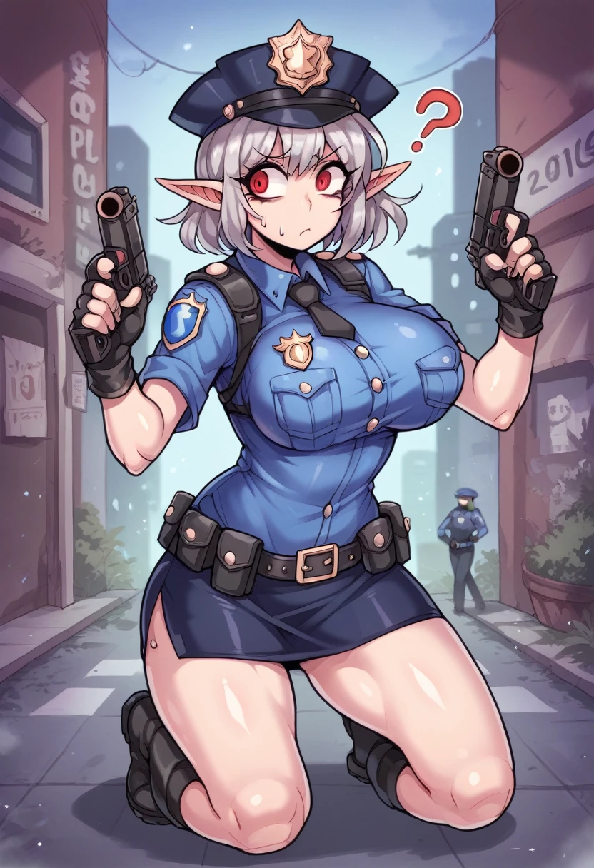 NSFW,((Perfect human body)),One girl, Red eyes, Wavy silver hair, Pointed Ears, vampire, Drooping eyes,Police uniform,Anxious expression,Police hat,skirt,Mobile Task Force Heavy Equipment,Big Breasts,Hair Flowers,Urban area,whole body,Character portrait,捲れ上がるskirt,Striped panties,penis in crotch,Possession of a gun,erection,