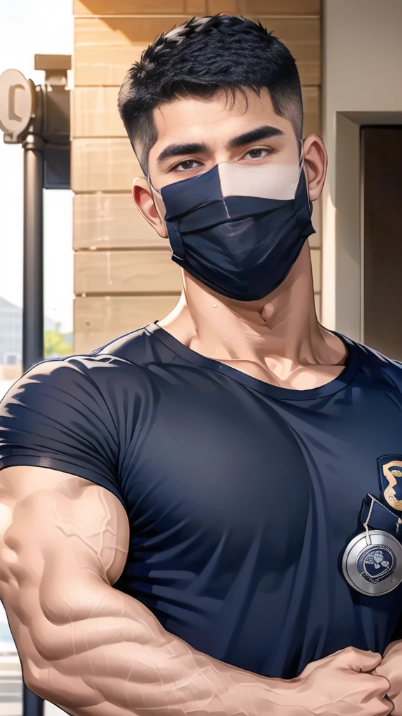 (handsome Man),(crew cut short hair:1.8),black eye,(Wear a fitted round neck t-shirt in navy with a police badge.:1.5),(fit neck),Navy blue jeans,(black_gloves:1.2), Korean guy,chest muscles,large arm muscles,blood vessel,Big muscles,Broad shoulders, (open mouth:1.2),(face up:1.2),(open eyes:1.5), middle of the road,smile,(backpack:1.3), In front of the bread shop ,(Cotton Mask:1.3