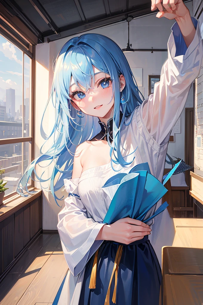 8K, Highest quality, masterpiece, Ultra-detailed、Light blue hair、Medium hair, hairs between eyes, crossed bangs、hairs between eyes, crossed bangs、full lips、Blue Eyes、18Year-old beauty、Portrait、School、smile、Japanese 、classroom、Random facial expressions