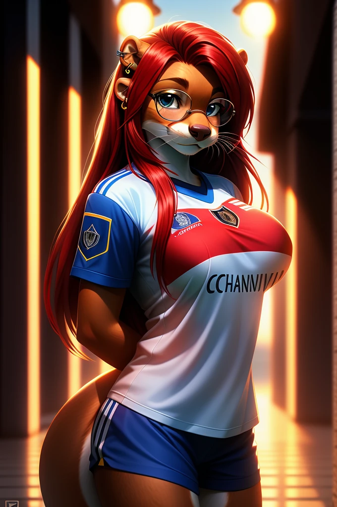 (hands behind back), otter, female, white fur, ((Female Otter long hair)), ((red hair)), super cute face, blue aviator glasses, ear piercing, big breast, detail elements on fur, UEFA European Soccer Championship Shirt, ((Germany Shirt)), beautiful lights and shadows, ambient light, super fine fur, volumetric light,