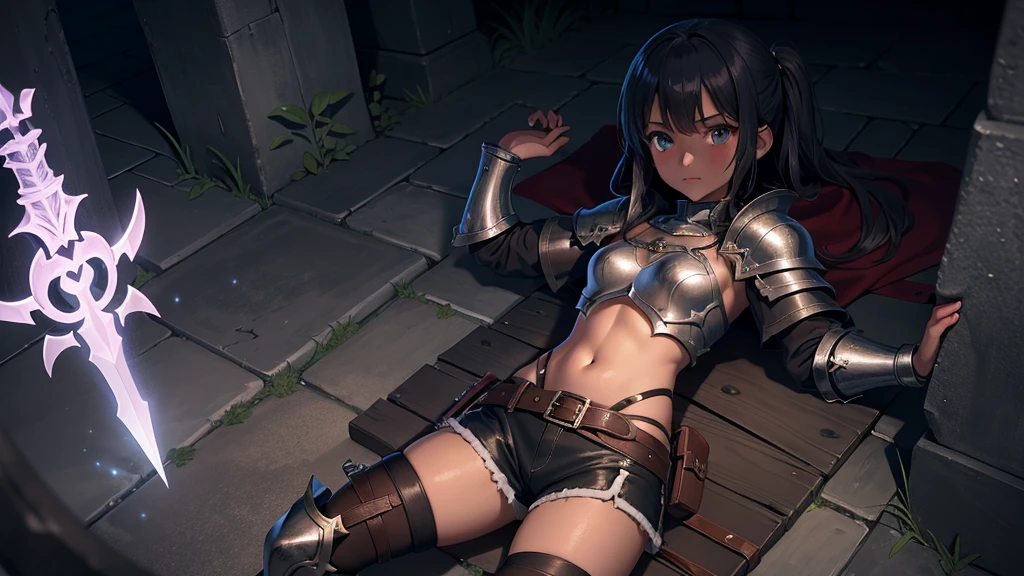 最high quality、high quality、Simple Cloth Armor、10Year-old girl adventurer、Dark underground labyrinth、Shorts、Equipped with a dagger and a shield、Clothes and armor are torn
