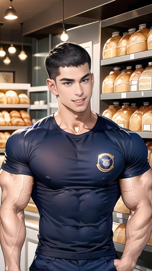 (handsome Man),(crew cut short hair:1.8),black eye,(Wear a fitted round neck t-shirt in navy with a police badge.:1.5),(fit neck),Navy blue jeans,(black_gloves:1.2), Korean guy,chest muscles,large arm muscles,blood vessel,Big muscles,Broad shoulders, (open mouth:1.2),(face up:1.2),(open eyes:1.5), middle of the road,smile, In the bread shop, (bread in hand)