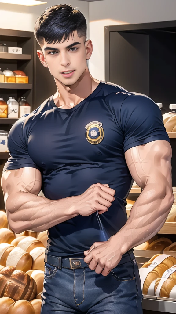 (handsome Man),(crew cut short hair:1.8),black eye,(Wear a fitted round neck t-shirt in navy with a police badge.:1.5),(fit neck),Navy blue jeans,(black_gloves:1.2), Korean guy,chest muscles,large arm muscles,blood vessel,Big muscles,Broad shoulders, (open mouth:1.2),(face up:1.2),(open eyes:1.5), middle of the road,smile, In the bread shop, (bread in hand)