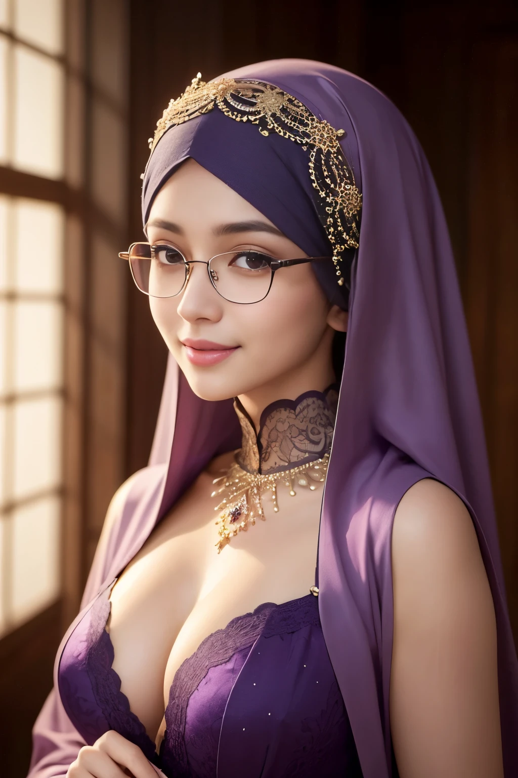 Sexy, purple, Glasses, bottomless, Flashy, grandeur, glamor, cleavage, hijabi, Absurd, ultra-detailed, high quality, masterpiece, detailed face, beautiful eyes(detailed eyes), javanese, gentle and graceful, face exudes warmth and kindness, eyes described as soft and comforting, gentle and steady gaze, overall appearance is simple and modest, The fabric of her garments is usually depicted as soft and earth-toned, beauty lies not in extravagant adornments, Her smile is serene and welcoming