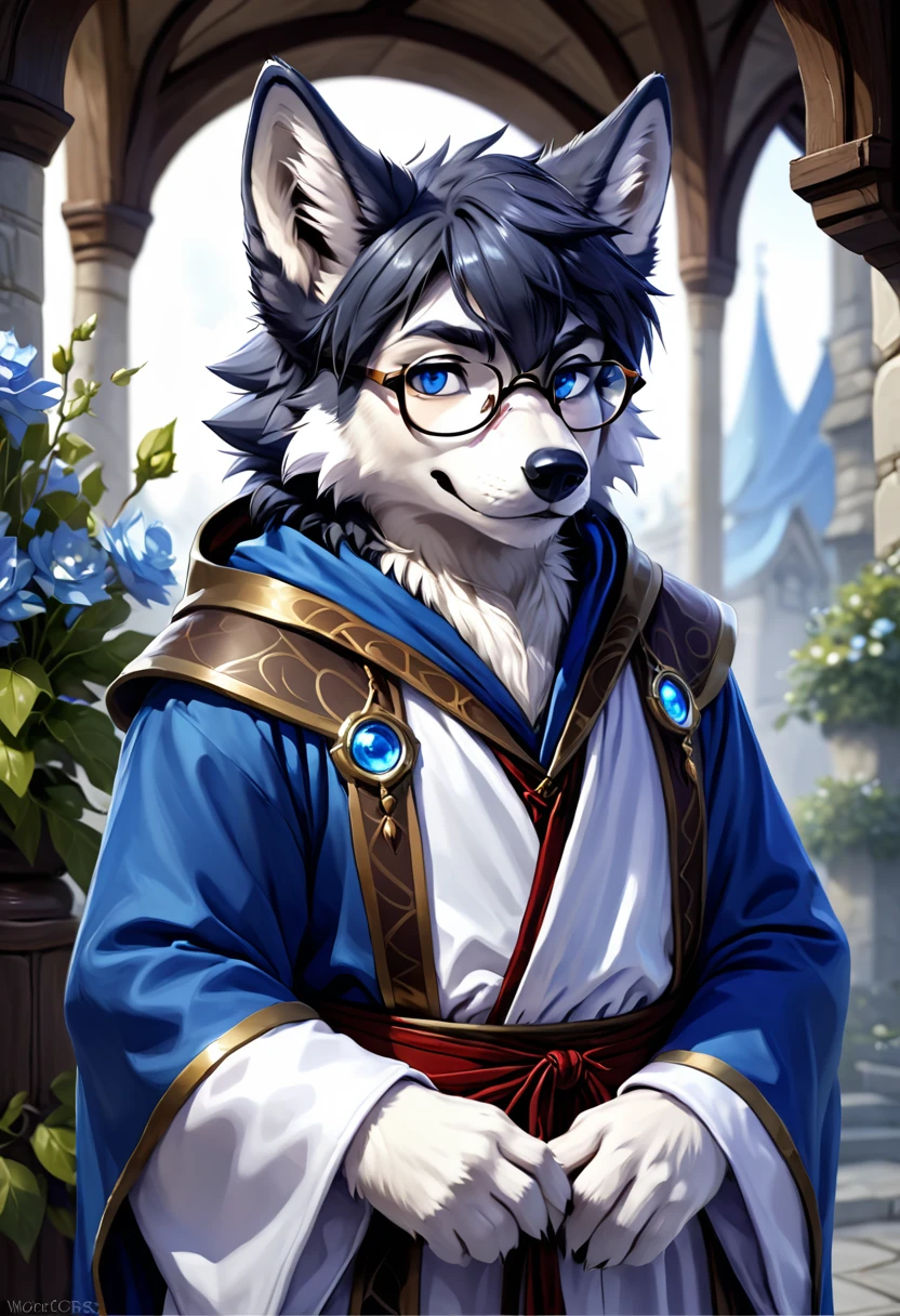 Wolf，male，Mage Clothing，robe，Blue and white fur，Glasses，Orcs，Orcs脸，delicate and pretty，Wolf脸，cute，Young，Introvert，Young