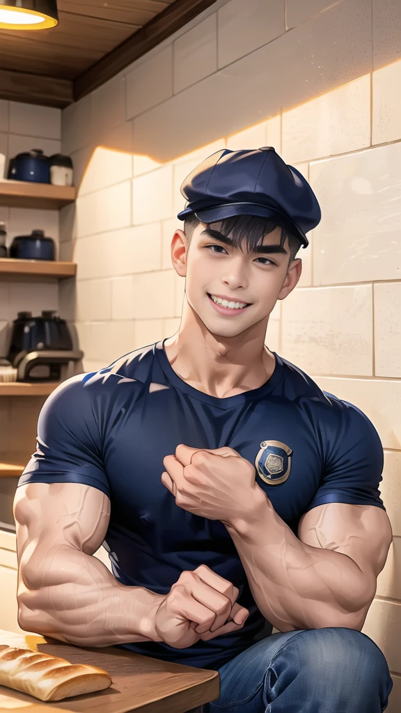 (handsome Man sitting on table eating bread ),(crew cut short hair:1.8),black eye,(Wear a fitted round neck t-shirt in navy with a police badge.:1.5),(fit neck),Navy blue jeans,(black_gloves:1.2), Korean guy,chest muscles,large arm muscles,blood vessel,Big muscles,Broad shoulders, (open mouth:1.2),(face up:1.2),(open eyes:1.5), middle of the road,smile, In the bread shop,