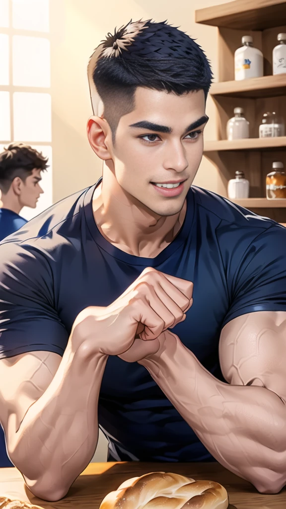 (handsome Man sitting on table eating bread ),(crew cut short hair:1.8),black eye,(Wear a fitted round neck t-shirt in navy with a police badge.:1.5),(fit neck),Navy blue jeans,(black_gloves:1.2), Korean guy,chest muscles,large arm muscles,blood vessel,Big muscles,Broad shoulders, (open mouth:1.2),(face up:1.2),(open eyes:1.5), middle of the road,smile, In the bread shop, 