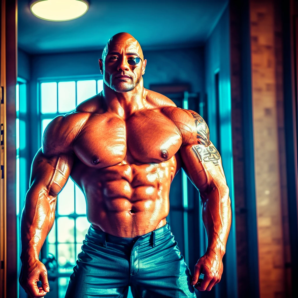 th3r0ck a powerful muscular man, the rock, giant man, bodybuilder, strongman, sculpted muscles, chiseled face, piercing eyes, intense stare, square jawline, ultimate physique, rugged and masculine, shirtless, wearing black pants, moody lighting, dramatic shadows, cinematic pose, 32k, high quality, photorealistic, unreal engine, award winning, cinematic lighting