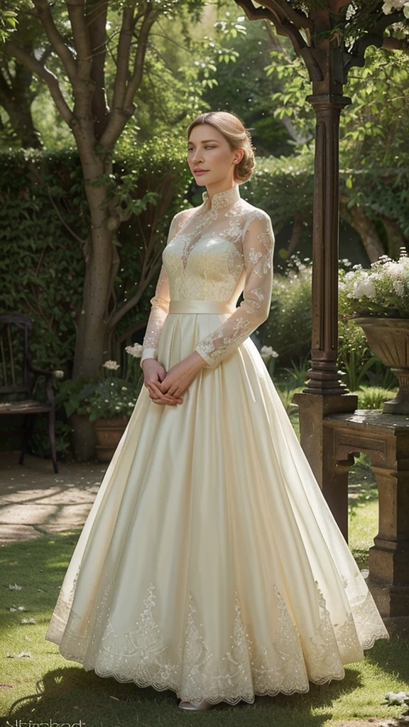 a beautiful young woman, cate blanchett, wearing a short ballgown wedding dress, elegant long sleeves, intricate lace and embroidery details, flowing skirt revealing her upper thighs, standing in a romantic garden setting, sunlight dappling through the trees, lush foliage and flowers in the background, serene and dreamy atmosphere, soft dramatic lighting, highly detailed, photorealistic, cinematic, elegant, graceful