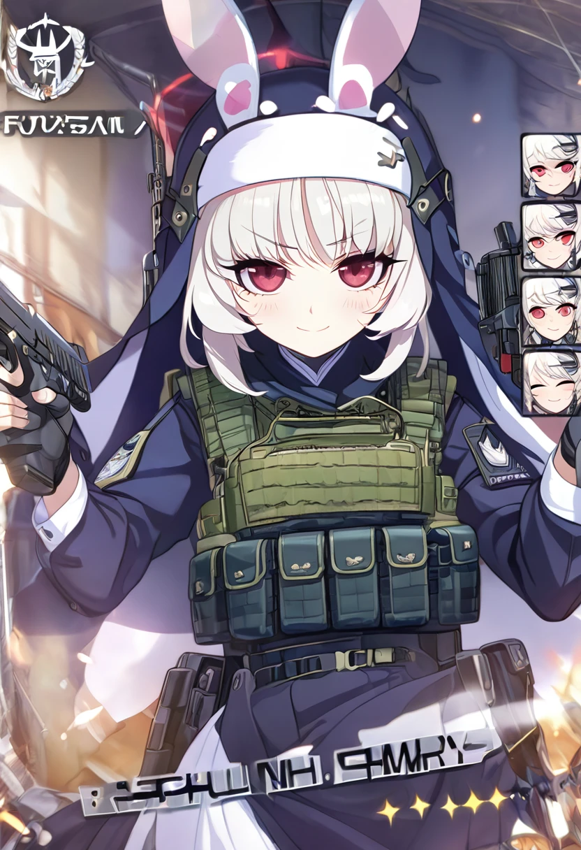 ((Perfect human body)),1girl,Anime girl with white hair and bunny ears, Red eyes, Shy blush,smile,,Nuns,skirt lift,Special forces equipment,army vest,Modest chest,full Art,Character portrait,Possession of a gun,Ready your gun?