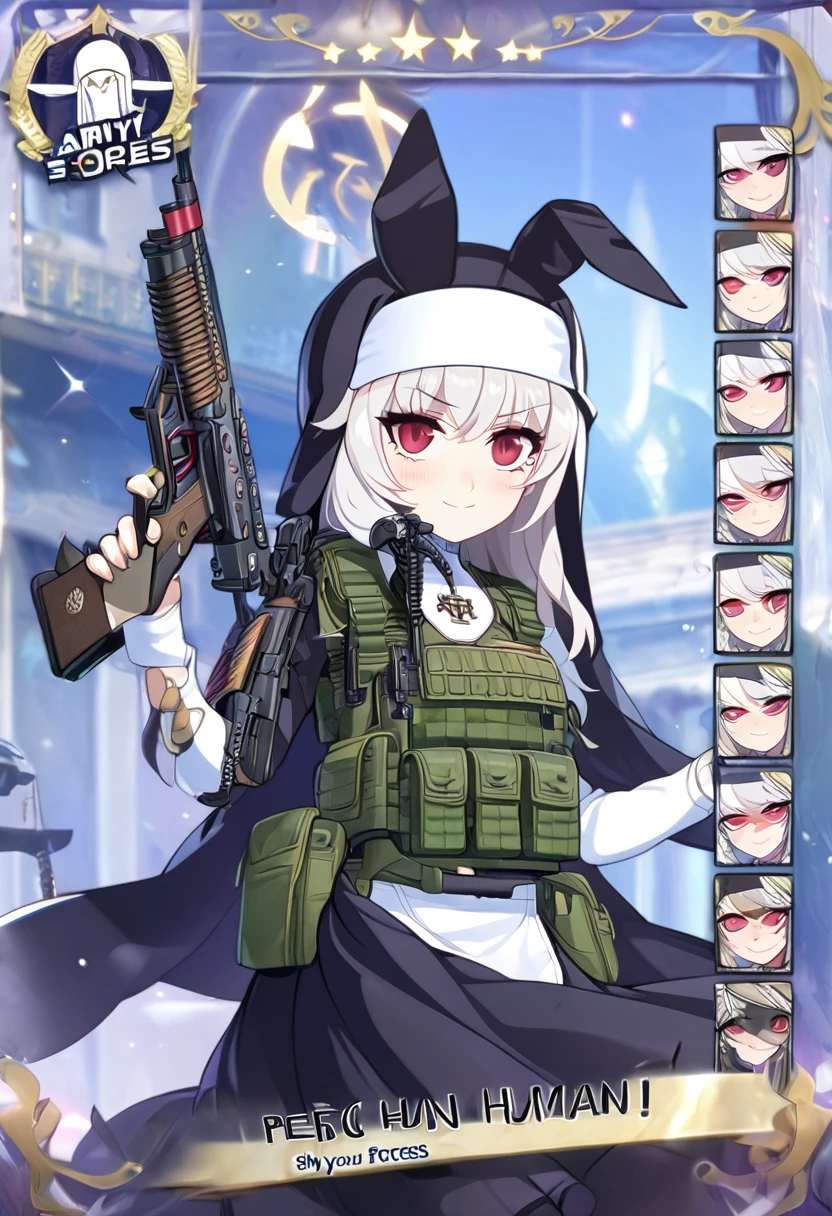 ((Perfect human body)),1girl,Anime girl with white hair and bunny ears, Red eyes, Shy blush,smile,,Nuns,skirt lift,Special forces equipment,army vest,Modest chest,full Art,Character portrait,Possession of a gun,Ready your gun?