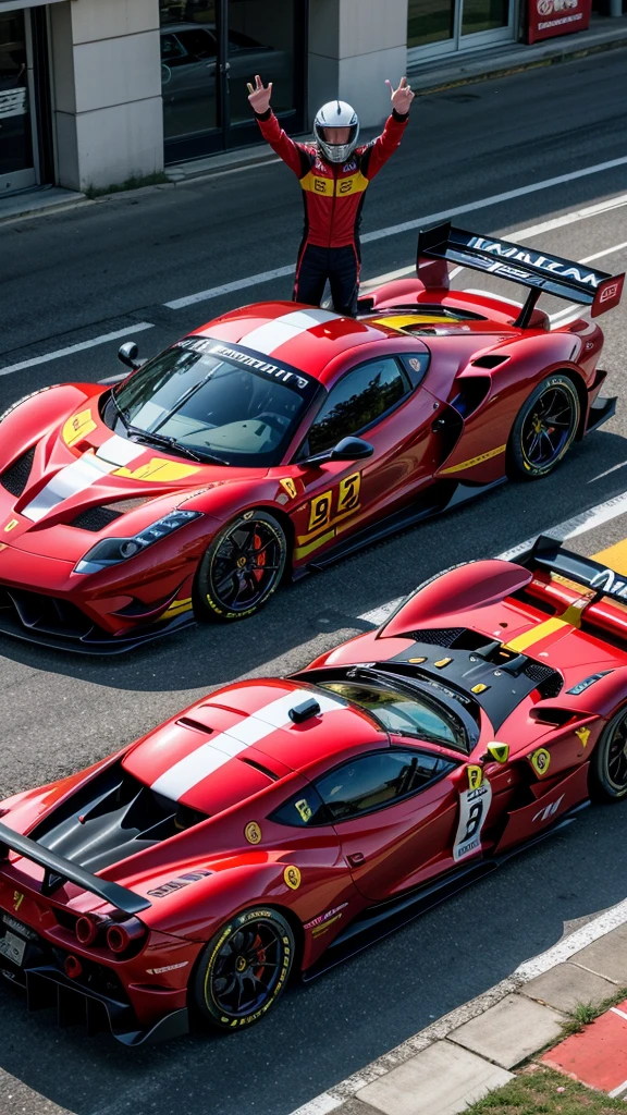 race car spiked with a flag and people waving, Victory lap, race footage, Ferrari, helmet is off, photo of a spectator, race car, parading for presentation by Julian Hatton, by John La Gatta, by Karl Völker, 1st winner, by Joseph Pisani