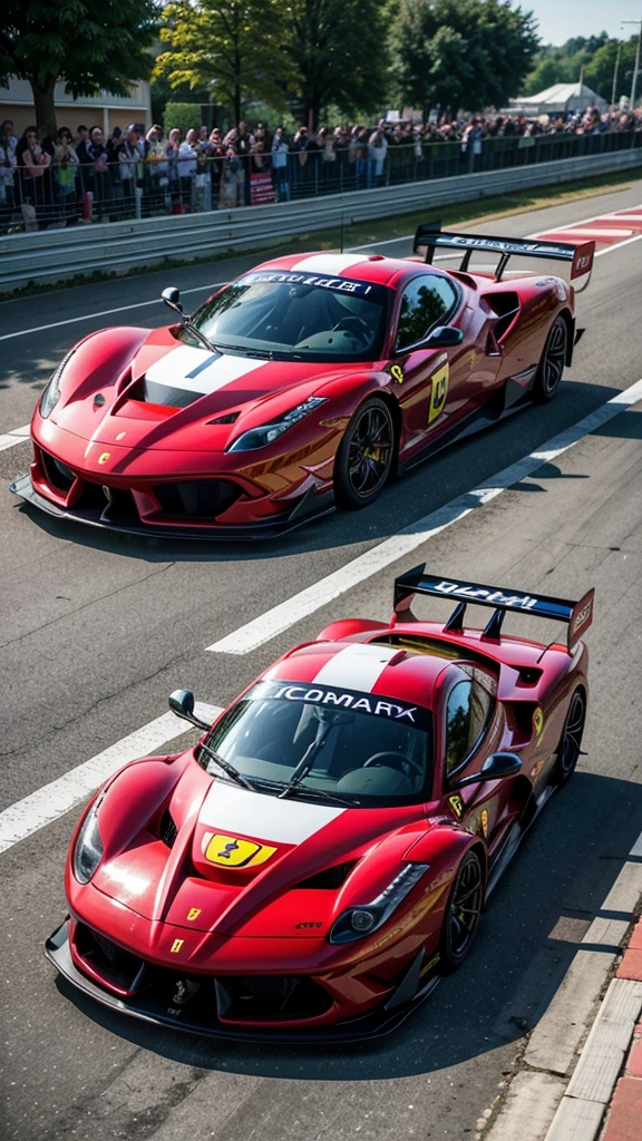 race car spiked with a flag and people waving, Victory lap, race footage, Ferrari, helmet is off, photo of a spectator, race car, parading for presentation by Julian Hatton, by John La Gatta, by Karl Völker, 1st winner, by Joseph Pisani