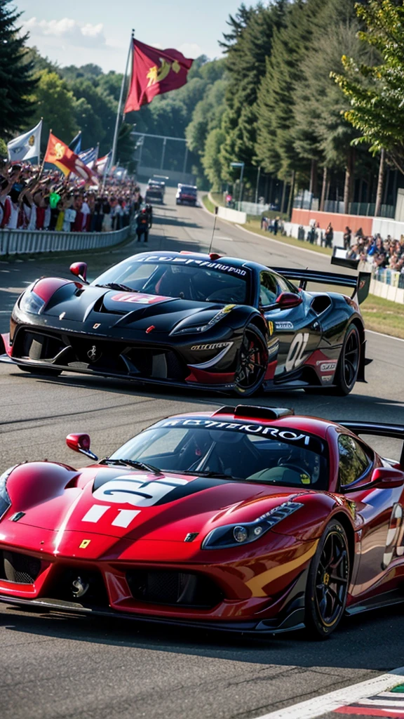 race car spiked with a flag and people waving, Victory lap, race footage, Ferrari, helmet is off, photo of a spectator, race car, parading for presentation by Julian Hatton, by John La Gatta, by Karl Völker, 1st winner, by Joseph Pisani