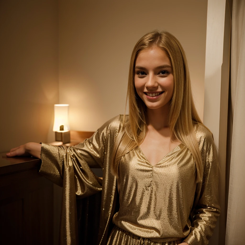 young blonde with straight hair smiling, in sensual clothes