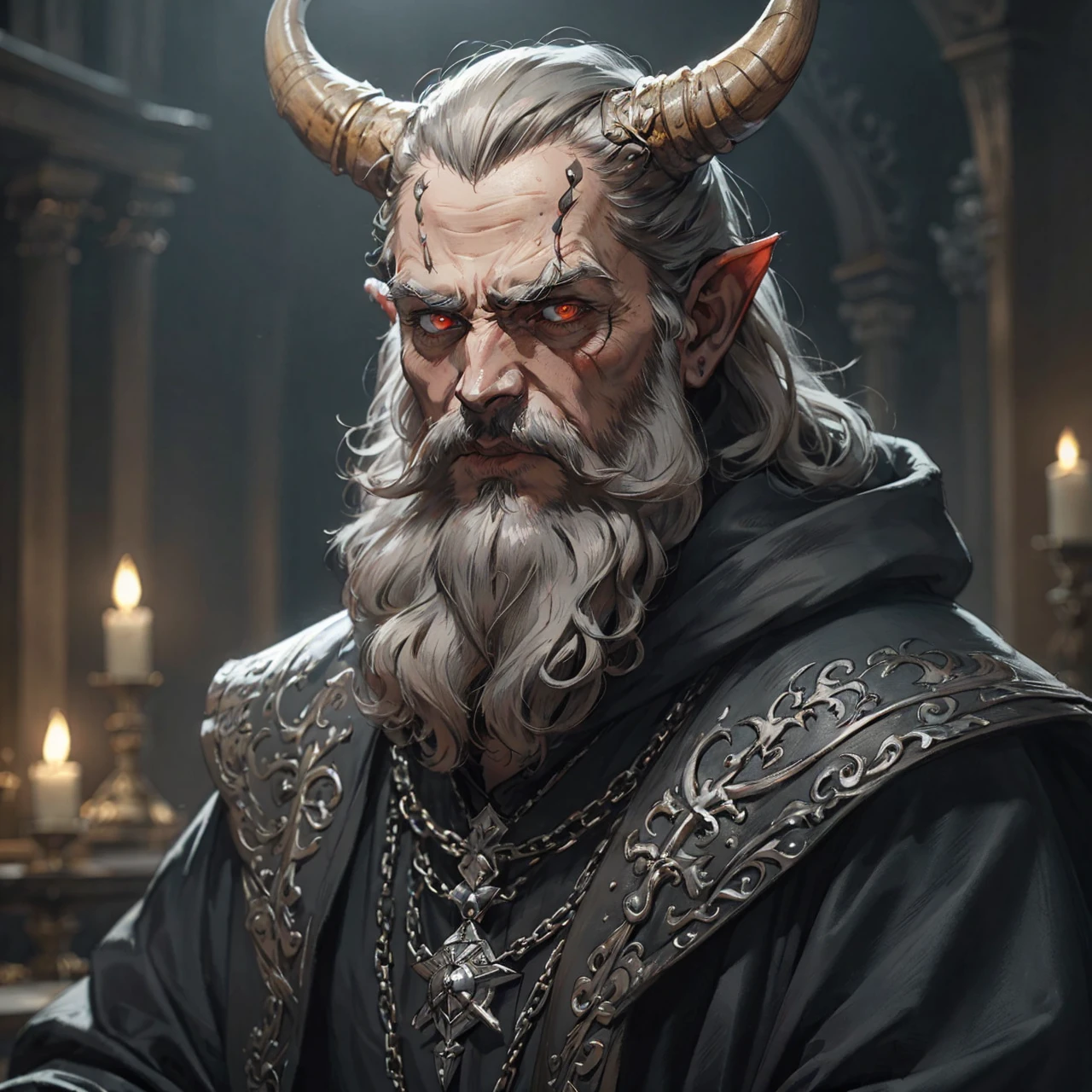 Priest catholique dark face scretch satanique, transparent eyes rolled back, semi-long hair, beard, dress that covers hair, eat a bloody heart , looking to the left side, corne de bouc longue et enroulée, sketch noir et blanc