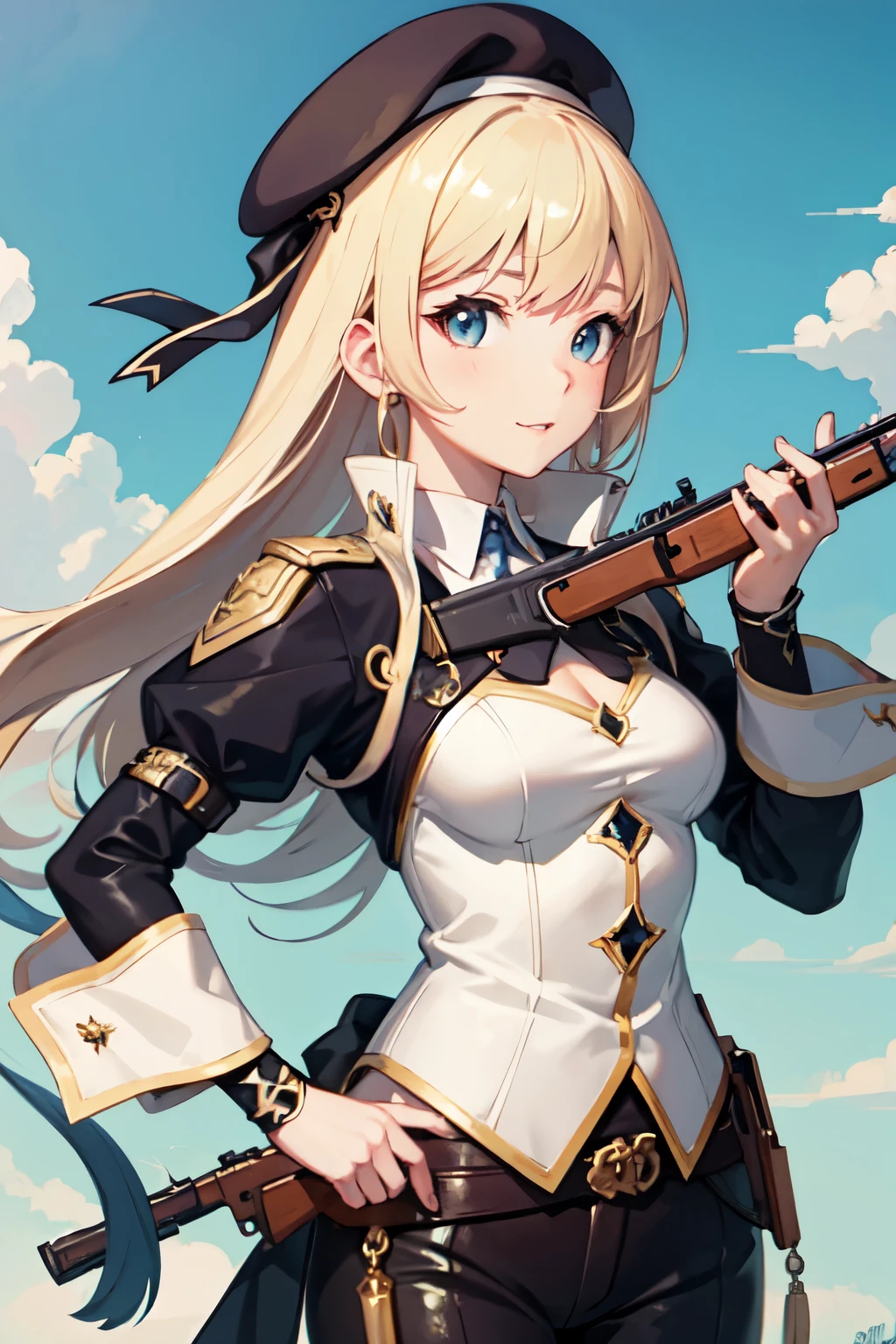 ((Highest quality)), ((masterpiece)), (detailed), One girl,anime、Blonde、Fantasy、gun、beret