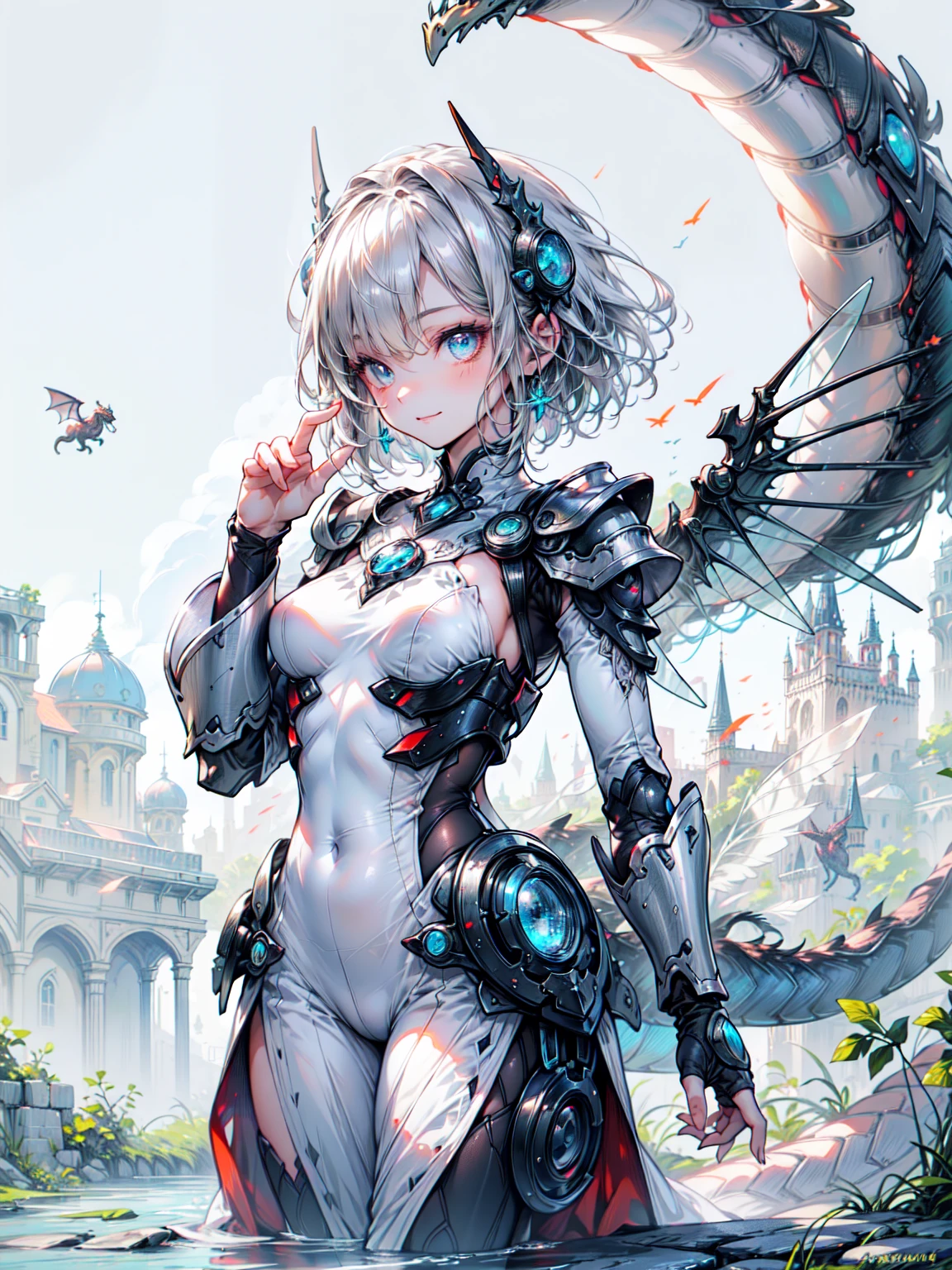 (Fluffy, Transparent white costume:1.3, ),(Glass winged angel floating on a lake:1.3), (A dragon protecting the girl behind:1.3),Shiny light brown and orange striped short hair,Cute Smile,Perfect round face,A bright smile that makes everyone happy,Proper body balance,Tabletop,Ultra-high quality output images,High resolution,Intricate details,Very delicate and beautiful hair fluttering in the wind,Photo realistic,dream-like,Professional Lighting,Realistic Shadows,Focus Only,Beautiful Hands,Beautiful fingers,Detailed characteristics of the fingers,Detailed clothing features,Detailed hair features,Detailed facial features,(Ghibli style:1.3),Cowboy Shot、Organic Armor Cyborg、Machine Armor、Armor Texture、 Blake、 (Fairy), (One Girl), alone, Bob Cut Hair, Blunt bangs, (Hair between the eyes), Gray Hair,(Beautifully detailed face:1.2),eyelash, blue eyes, eye shadow, pink eye shadow, Art Style:art gelm, Vadim Kashin, everyone,
