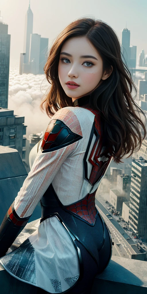 (1girl:1.3), Solo, (((Very detailed face)))), ((Very detailed eyes and face)))), Beautiful detail eyes, Body parts__, Official art, Unified 8k wallpaper, Super detailed, beautiful and beautiful, beautiful, masterpiece, best quality, original, masterpiece, super fine photo, best quality, super high resolution, realistic realism, sunlight, full body portrait, amazing beauty, dynamic pose, delicate face, vibrant eyes, (from the front), She wears Spider-Man suit, red and black color scheme, spider, very detailed city roof background, rooftop, overlooking the city, detailed face, detailed complex busy background, messy, gorgeous, milky white, highly detailed skin, realistic skin details, visible pores, clear focus, volumetric fog, 8k uhd, DSLR, high quality, film grain, fair skin, photo realism, lomography, futuristic dystopian megalopolis, translucent