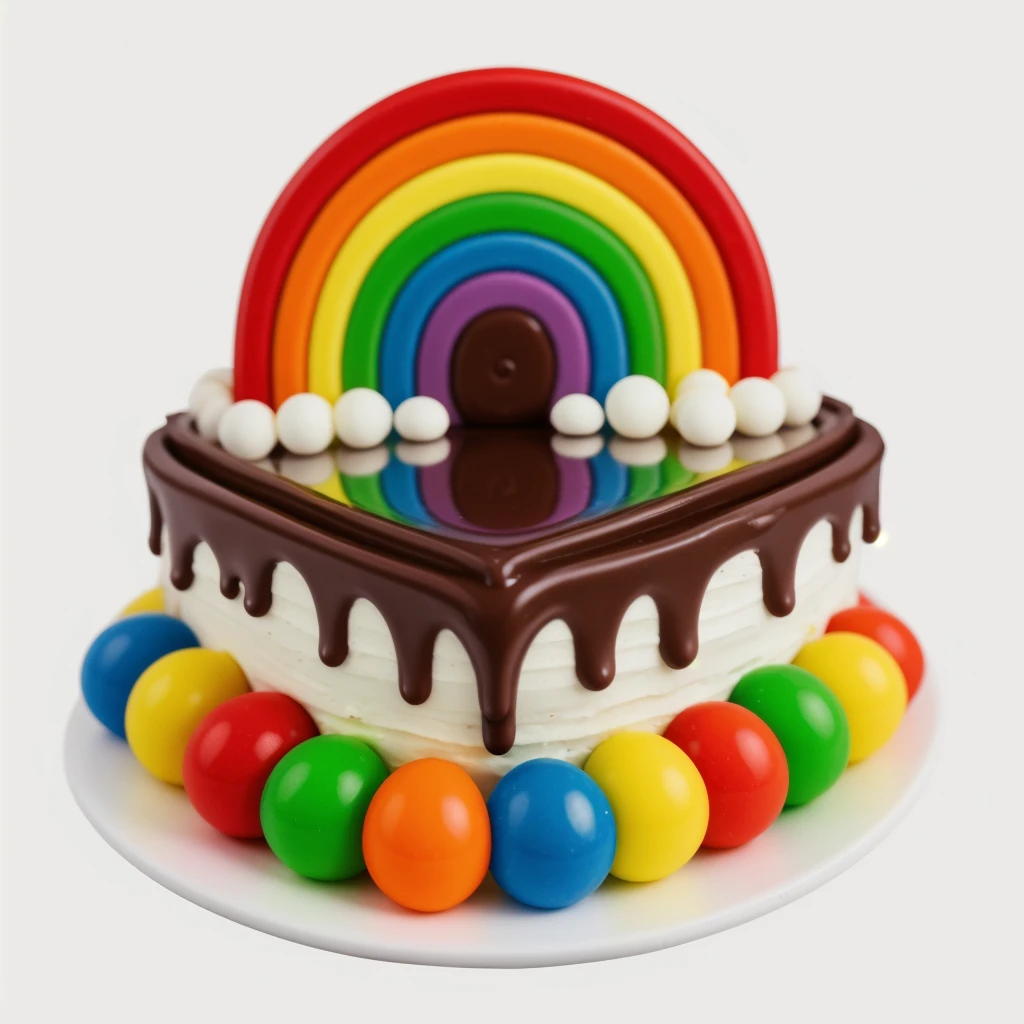 on a wooden table, on a white porcelain plate, a tiny cake, the walls of the cake are made of multi-colored chocolate bars, on top are multi-colored cream stripes, multi-colored candies in the form of balls, bright lights, soft light, window light, professional lighting, light from the window, neat light, realistic texture, realistic style, detailed texture, high quality, high resolution, high quality rendering, realistic photo, brightning light, macro photo
