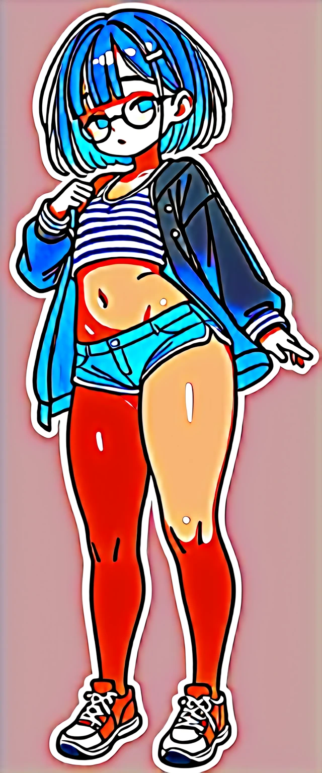 (masterpiece), (best quality), ((ultra-detailed)), (high resolution), (an extremely delicate and beautiful, super fine illustration), official art, BREAK (1girl), (loli:1.8), (tiny girl:1.6), (8yo) (flat chest:1.4), (Plump:1.2), (Thick thighs:1.8), (big ass:1.5), erect nipples, Huge areola, large nipples, (long nipples:1.4), erect nipples, oily skin, BREAK droopy eyes, (emerald blue eyes:1.3), (bad mood:1.5), (clear face:1.5), (half closed eyes:2.5), BREAK (bob cut:1.3), tired hair, messy hair, blue colored inner hair, Black hair color, (girl wearing round black glasses), BREAK (blue striped cropped white tank top:1.7), (cropped black jacket:1.6), (micro shorts:1.5), (pink sneakers:1.4), (front view:1.5), full body,
