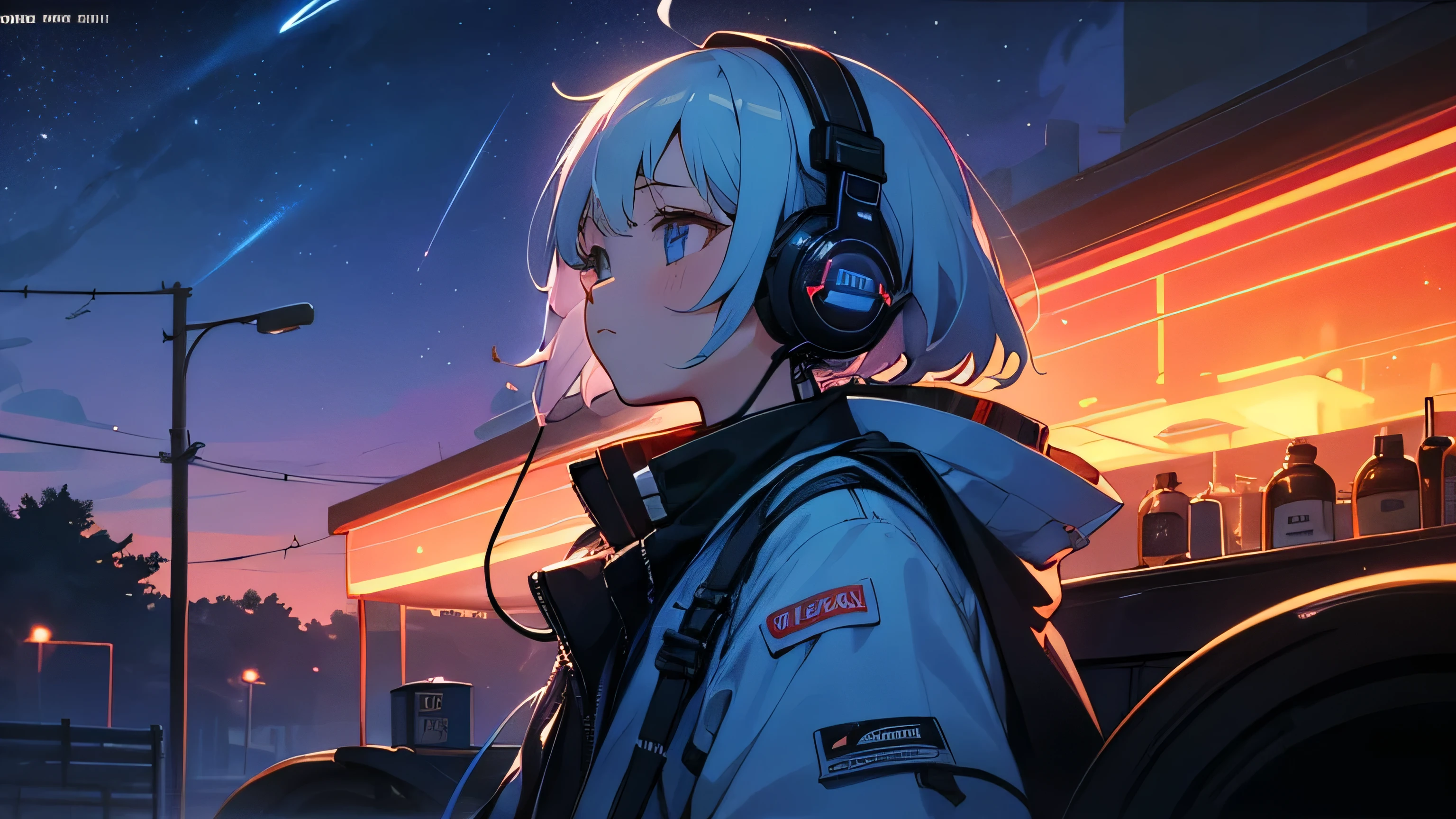 Absurd, High resolution, (Official Art, beautifully、aesthetic:1.2), Close-up, Bright Sky, A vast world, girl, Wear headphones, stare, Awe-inspiring expressions, Night Cafe, Starry Sky, neon, Natural Beauty, Inspiration, Light effects,