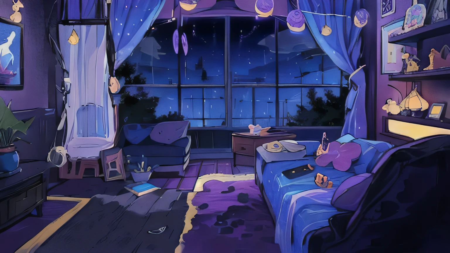 Cartoon drawing of a bedroom with a purple bed and a purple sofa, private room background, RPG Maker Style Bedroom, background art, anime background art, 아늑한 night, interior background art, Sleeping out in the bedroom, Cartoon whimsical scenes, 고요한 night. digital illustration, dark 침실, snuggery, 꿈꾸는 night, snuggery, bedroom background, There are no people, night 배경 창문, Purple light, dark Inside the room, windows, night. dark, Inside the room 