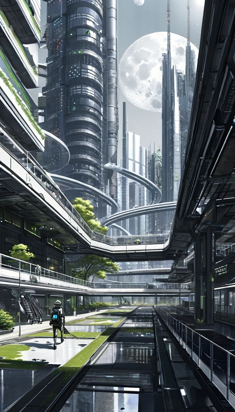 Background Setting
Time: Year 2150
Location: Lunar surface, interstellar city located near the Moon's equatorial region
Environment: Majestic lunar landscape with the interstellar city gleaming amidst the silver moon rocks, Earth hanging in the distant sky.
Scene One: Exterior of the Interstellar City
Building Design:
Skyscrapers reaching into the sky, constructed with transparent and reflective materials.
Futuristic public facilities such as floating parks and skywalks.
Solar and nuclear power plants, advanced green energy technology.
Activity Scene:
Citizens strolling in skywalks and floating parks.
Robots and automated systems maintaining and cleaning the city.Use the gray desert landscape of the lunar surface as the background. Dark sky is full of stars