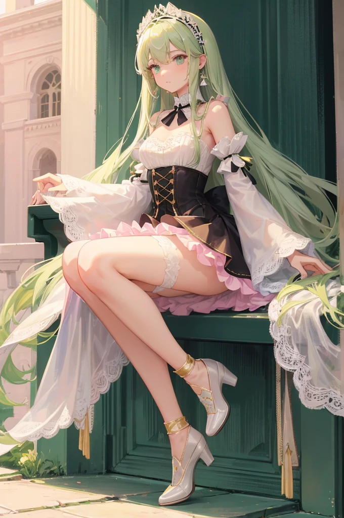 A lovely girl,Wear a pearl headband,With long golden hair,Dark green and white puff sleeve knee-length tutu skirt,The waist of the skirt is decorated with delicate and pleasing pink lace and ribbon,Slender hands wrapped in white satin gloves,And the slender calves extending from the skirt,It is covered with white stockings,The slender feet are wearing a pair of silver-white thick-heeled short boots,The height is only up to the ankles