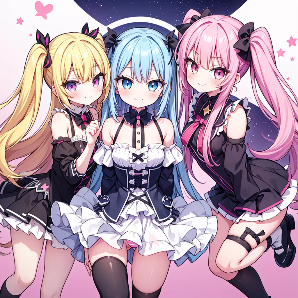 masterpiece, best quality, hyper detailed, 3girl, evil smiling, looking at viewerery,flat chest,blue hair,short twintails,middle hair,sky blue eyes,cute miniskirt,cute striped panty,cute high socks,cute shoes,smirk,pantyshot,
1girl, evil smiling, looking at viewer,flat chest,small breasts,pink hair,twintails,middle hair,pink eyes,with star-shaped eyes,
2girl, evil smiling, looking at viewer,yellow hair,twintails,middle hair,yellow eyes,with star-shaped eyes,