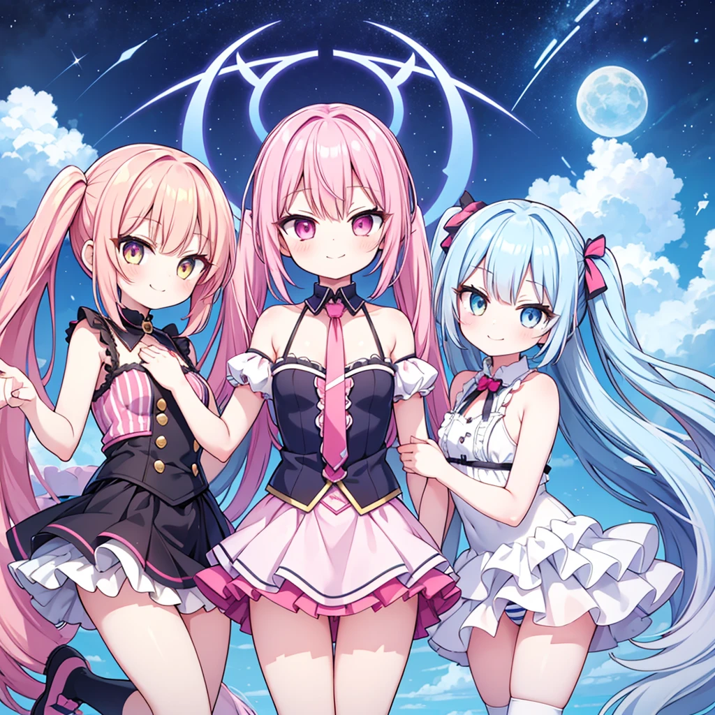 masterpiece, best quality, hyper detailed, 3girl, evil smiling, looking at viewerery,flat chest,blue hair,short twintails,middle hair,sky blue eyes,cute miniskirt,cute striped panty,cute high socks,cute shoes,smirk,pantyshot,
1girl, evil smiling, looking at viewer,flat chest,small breasts,pink hair,twintails,middle hair,pink eyes,with star-shaped eyes,
2girl, evil smiling, looking at viewer,yellow hair,twintails,middle hair,yellow eyes,with star-shaped eyes,