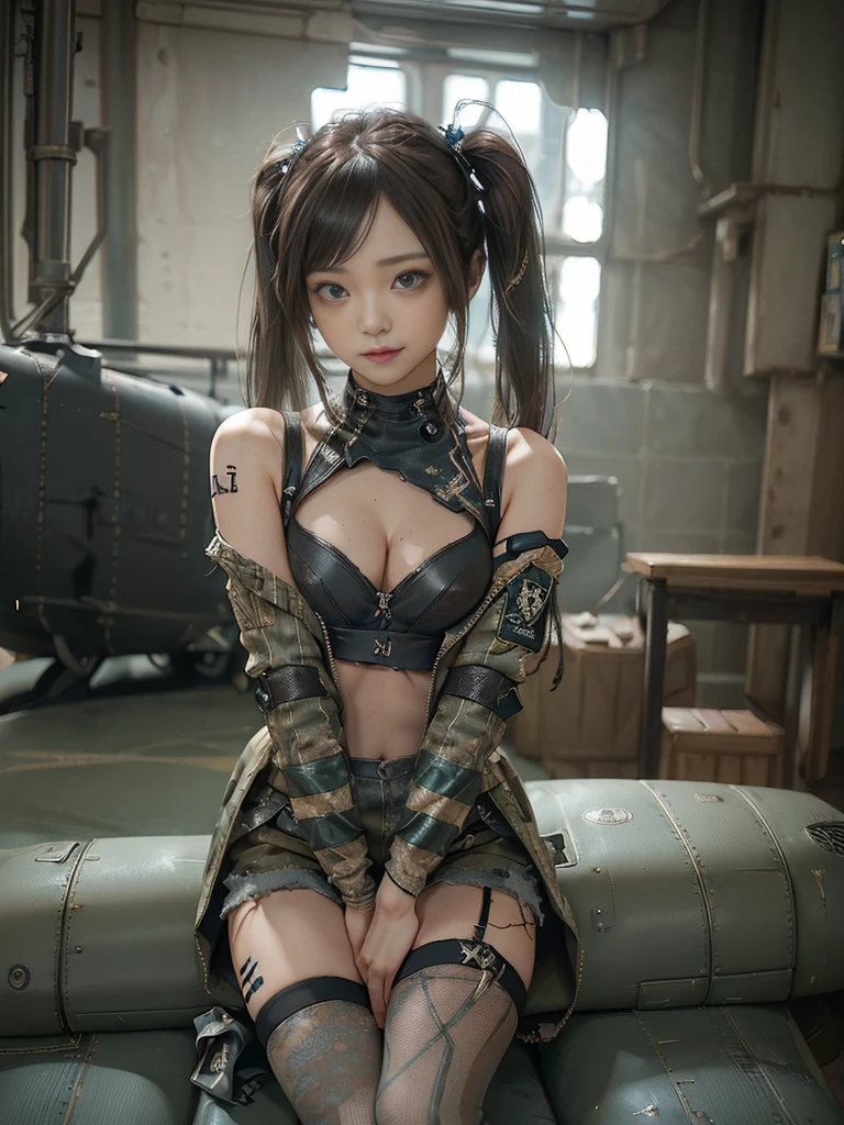 (Full Body View:1.5)、(Side view:1.1)、(Please smile with your teeth showing:1.3),(Shibuya Gal:1.5)、(Army Special Forces:1.3)、(Gothic ta style fashion:1.5)、(Tattered khaki and gray futuristic micro high leg bodysuit:1.5)、(Tattered Khaki and Moss Green Micro Fancy Sleeves:1.5)、(Tattered khaki micro shorts:1.5)、(Brown and khaki knee socks:1.3)、(camouflage:1.3)、(Military jacket:1.4)、Brown boots、Khaki gloves、internal、(The underwear is striped:1.4)、23 years old、(do a gravure pose:1.3)、((Highest quality、8K、masterpiece:1.3))、One girl、The beauty of slim abs:1.3、(Hairstyle Casual、Big Tits:1.1)、dress:1.1、Super small face、Narrow eyes、double eyelid、Laughter、Esbian all over、Dynamic Angle、Close-up、CPL Filter、Blurred Background、Bokeh、Blue Hour、Detailed face and skin texture、Detailed Eyes,(Twin tails:1.3)、(Brown Hair:1.4)、Gravure idol pose、(The background shows a futuristic hovercraft bike flying through the air.:1.3)、(The body is slim:1.2),(Slim legs:1.4),(clavicle:1.1)